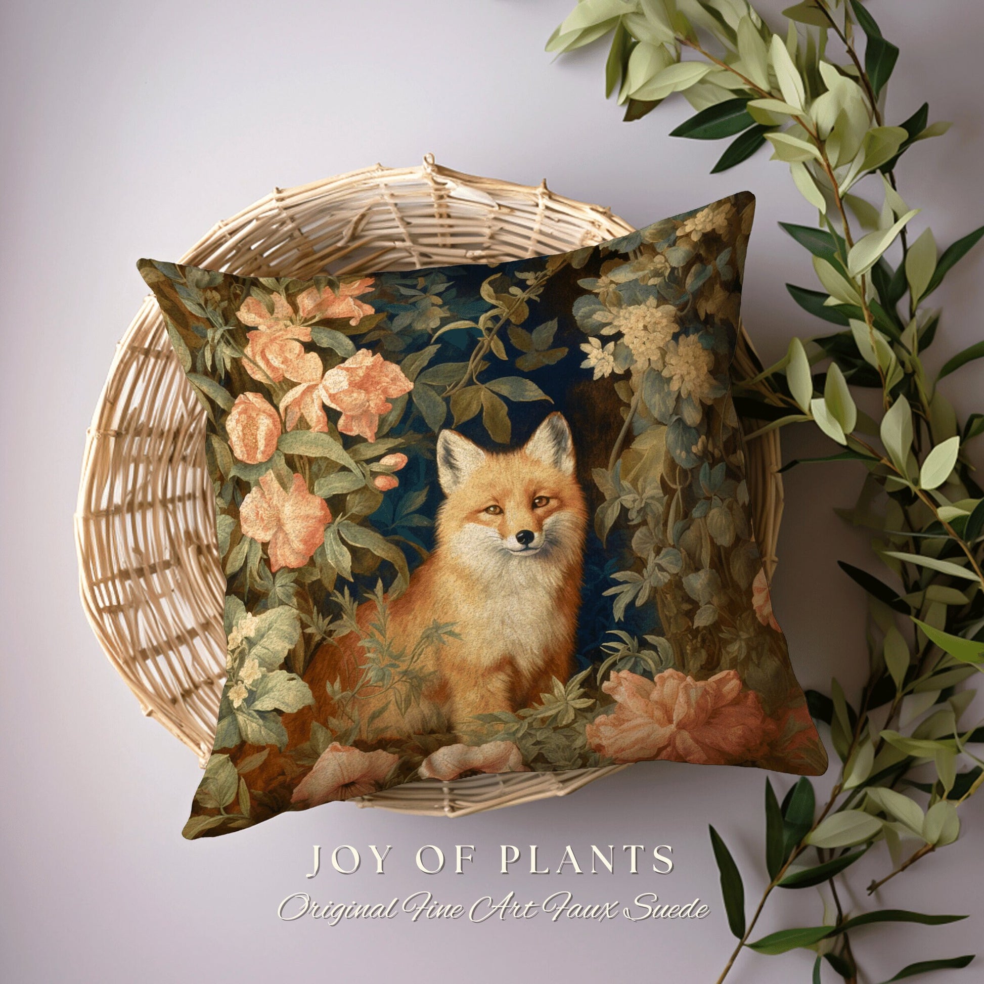 Floral Pastel Fox Pillow | William Morris Inspired Throw Pillow Woodland Forestcore Decor Pillow Maximalist Home Decor Throw Pillow Fox Art