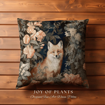 Floral Pastel Fox Pillow | William Morris Inspired Throw Pillow Woodland Forestcore Decor Pillow Maximalist Home Decor Throw Pillow Fox Art