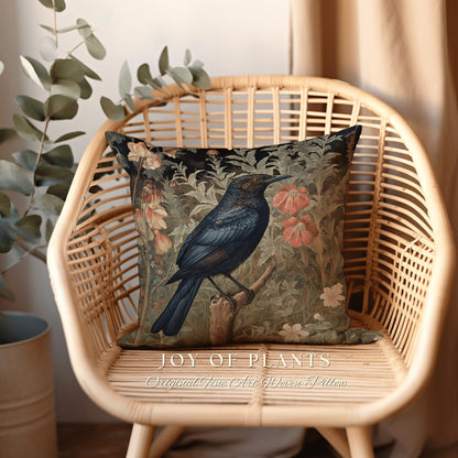 Raven Throw Pillow Floral | Morris Inspired Pillow Pastel Goth Crowcore Decor Pillow Maximalist Home Decor Crow Pillow Dark Botanical Crow |