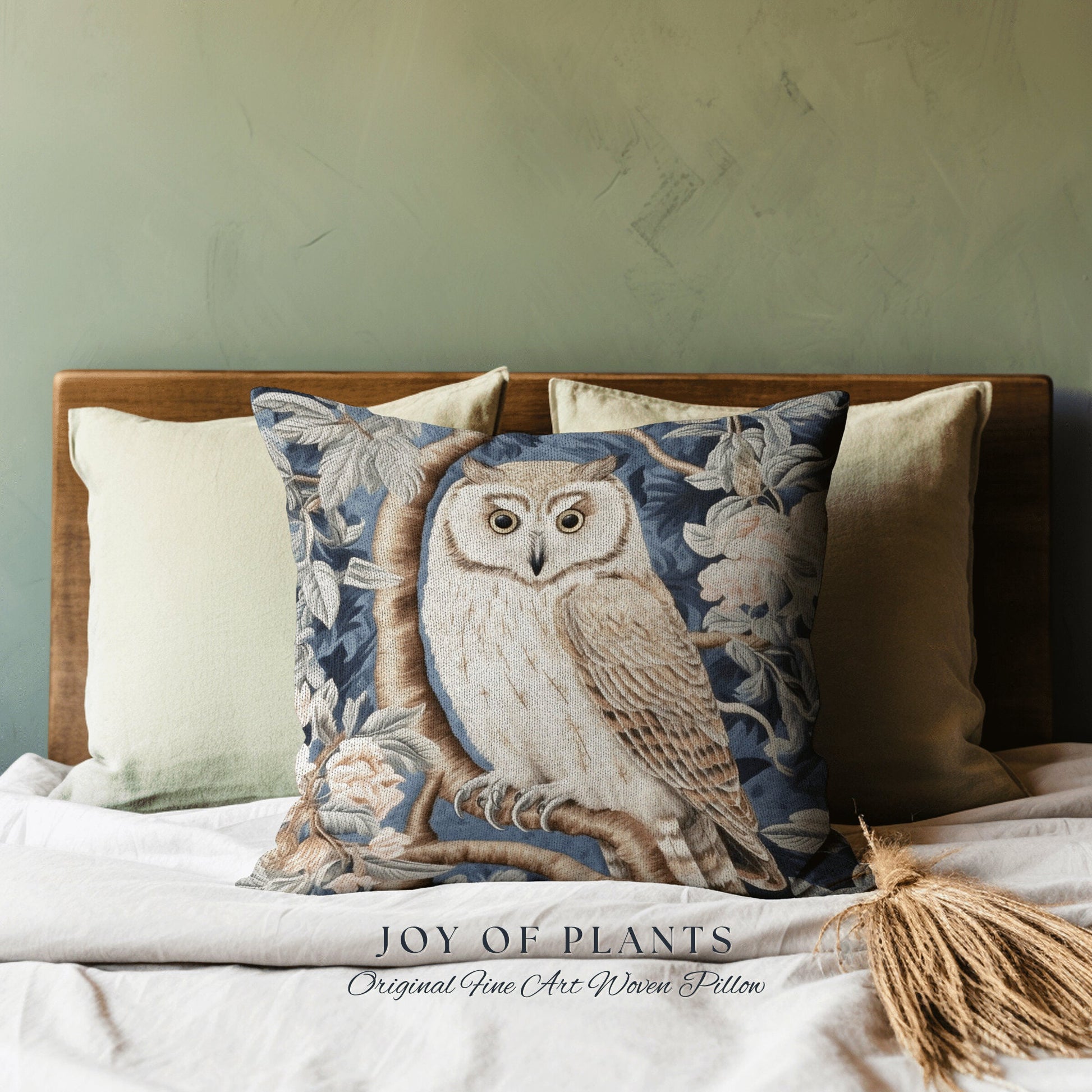 Owl Throw Pillow Woven Pastel | William Morris Inspired Throw Pillow Woodland Forestcore Decor Pillow Maximalist Home Decor Pastel Pillow |