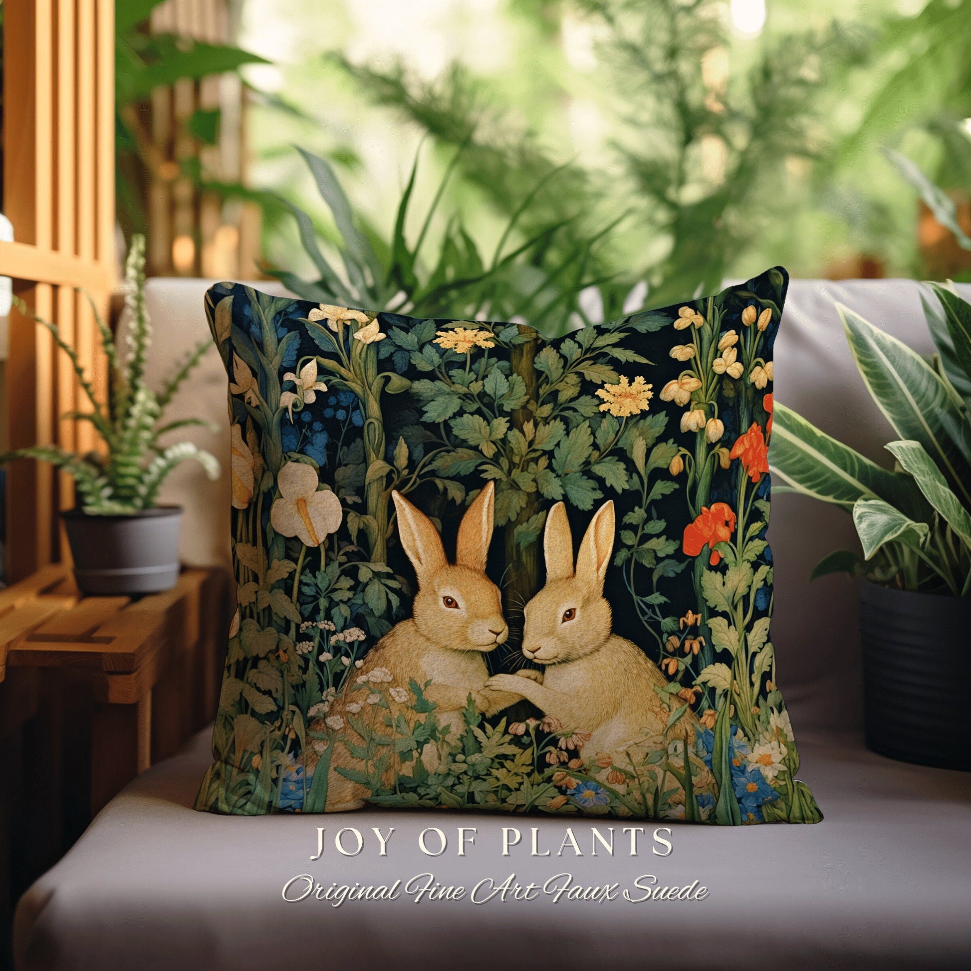 Botanical Bunnies Woven Pillow | Botanical William Morris Inspired Pillow Woodland Decor Pillow Home Decor Throw Pillow Rabbit Throw Pillow