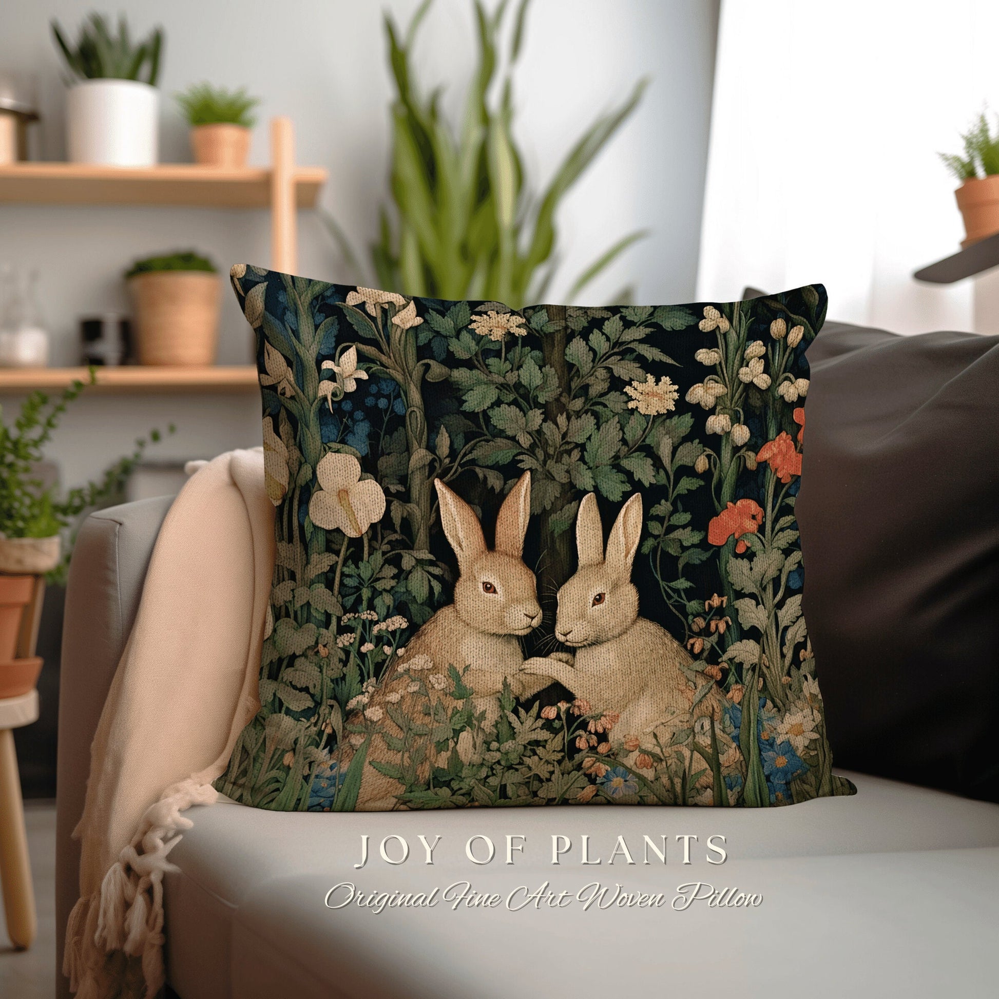 Botanical Bunnies Woven Pillow | Botanical William Morris Inspired Pillow Woodland Decor Pillow Home Decor Throw Pillow Rabbit Throw Pillow