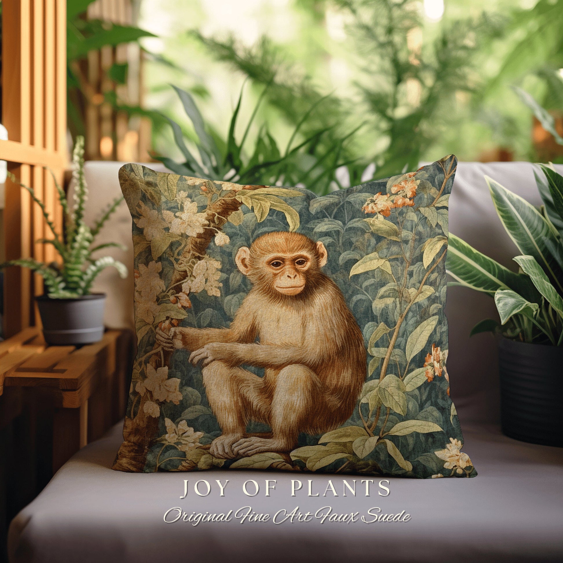 Victorian Monkey Art Pillow | William Morris Inspired Vintage Nature Pillow Pastel Floral Decor Throw Pillow Botanical Monkey Pillow Woven |