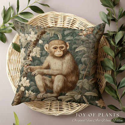 Victorian Monkey Art Pillow | William Morris Inspired Vintage Nature Pillow Pastel Floral Decor Throw Pillow Botanical Monkey Pillow Woven |