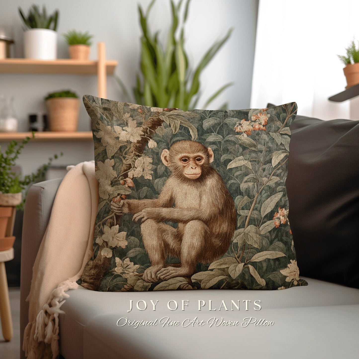 Victorian Monkey Art Pillow | William Morris Inspired Vintage Nature Pillow Pastel Floral Decor Throw Pillow Botanical Monkey Pillow Woven |