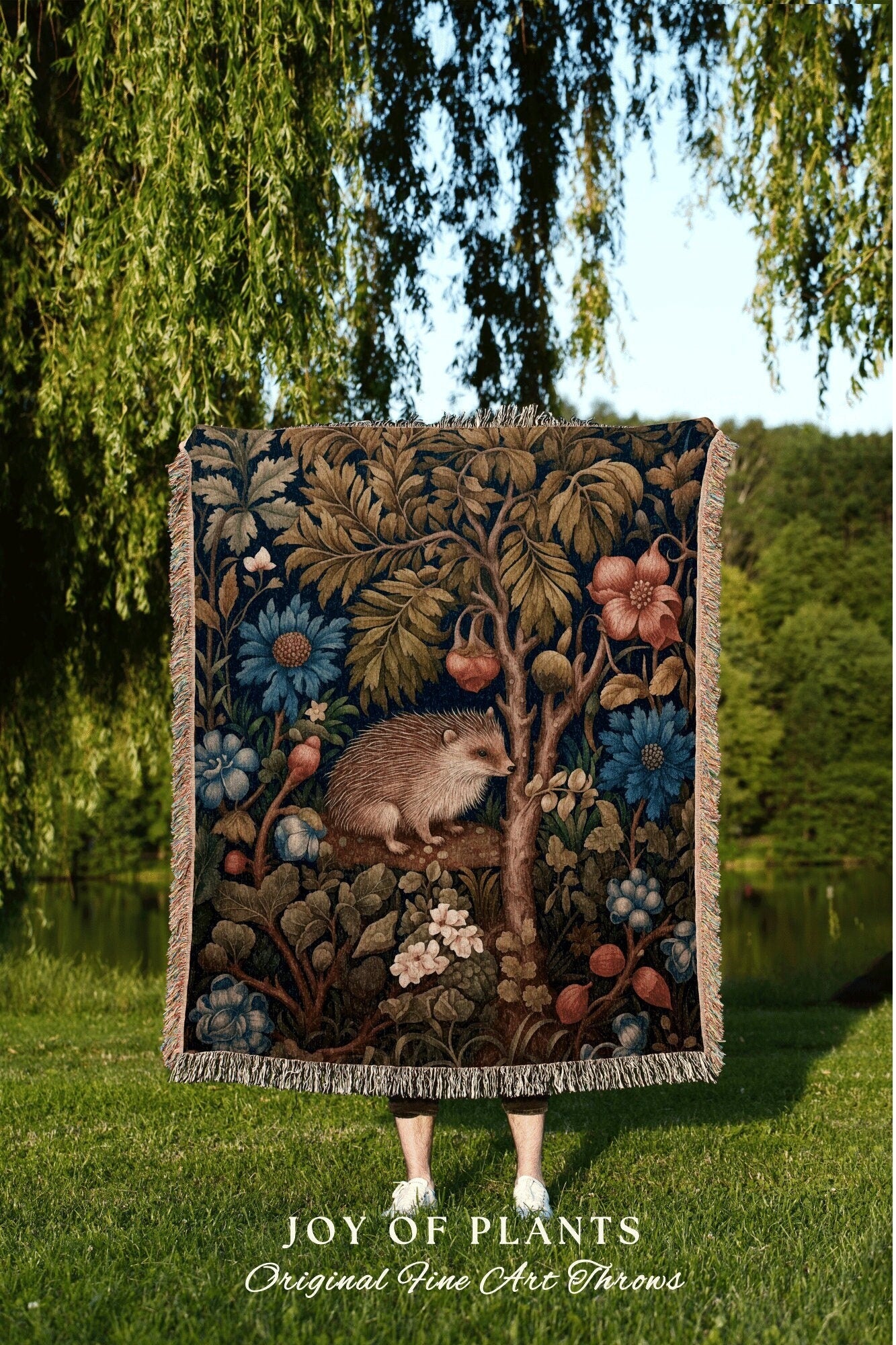 Hedgehog Woven Throw Blanket Botanical | William Morris inspired Nature Blanket Woodland Cottagecore Decor Woven Blanket Hedge Hog Decor |