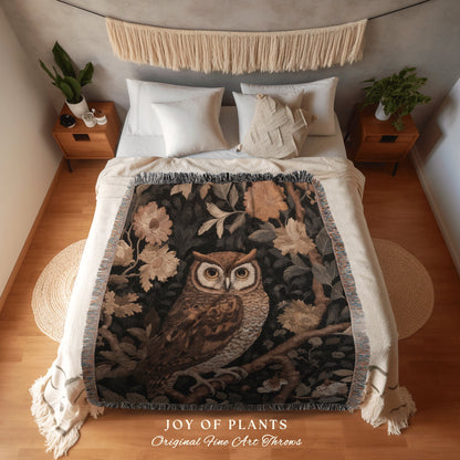 Whimsical Owl Vintage Tapestry | Vintage William Morris inspired Nature Blanket Woodland Botanical Maximalist Decor Woven Blanket Owl Throw