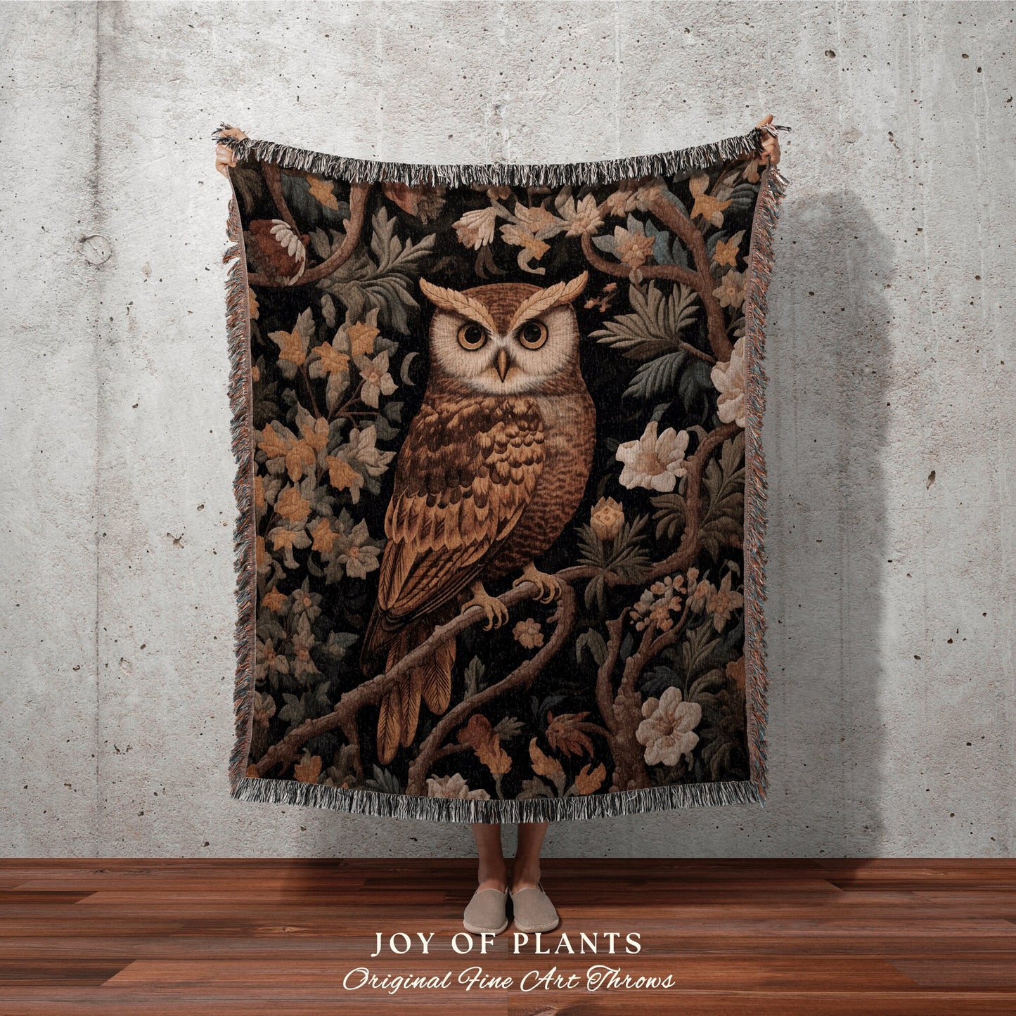 Owl Woven Blanket Botanical | Vintage William Morris inspired Nature Blanket Woodland Botanical Maximalist Decor Woven Blanket Owl Decor |