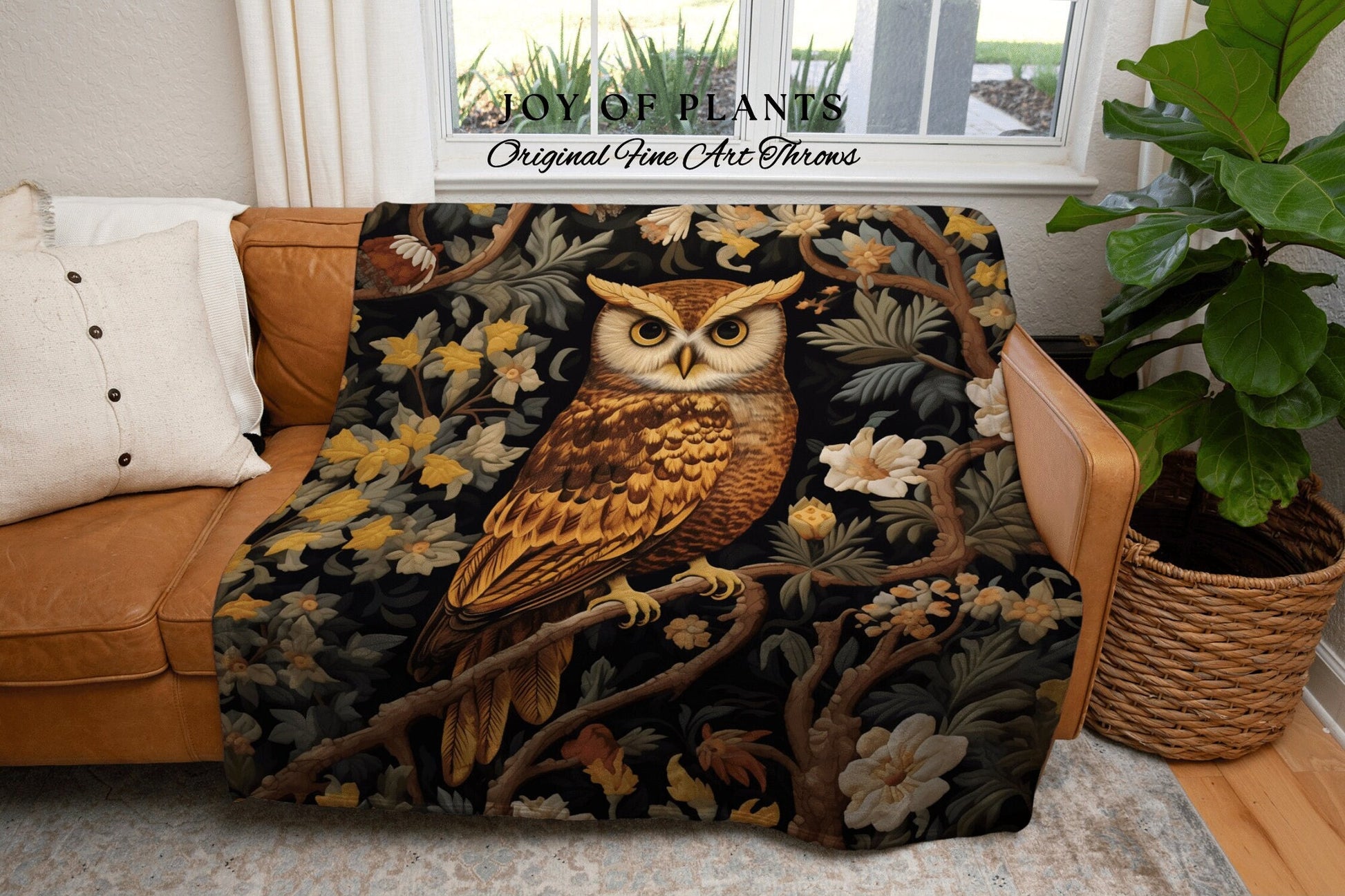 Owl Woven Blanket Botanical | Vintage William Morris inspired Nature Blanket Woodland Botanical Maximalist Decor Woven Blanket Owl Decor |