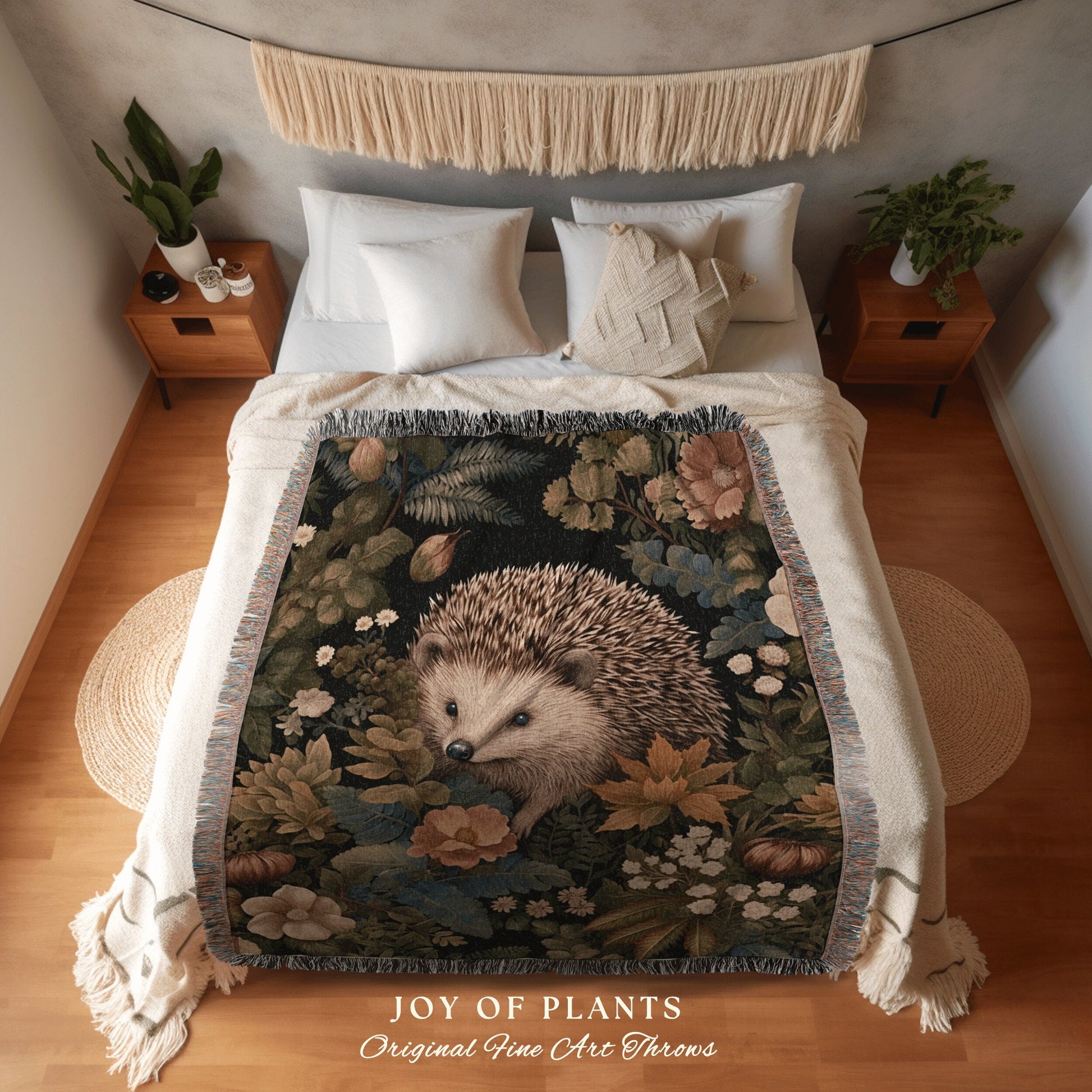 Maximalist Hedgehog Throw Blanket | William Morris inspired Nature Blanket Woodland Cottagecore Decor Woven Blanket Hedgehog Decor Botanical