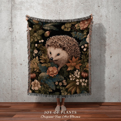 Maximalist Hedgehog Throw Blanket | William Morris inspired Nature Blanket Woodland Cottagecore Decor Woven Blanket Hedgehog Decor Botanical