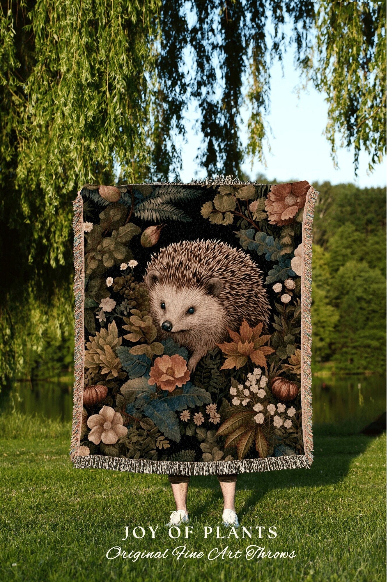 Maximalist Hedgehog Throw Blanket | William Morris inspired Nature Blanket Woodland Cottagecore Decor Woven Blanket Hedgehog Decor Botanical