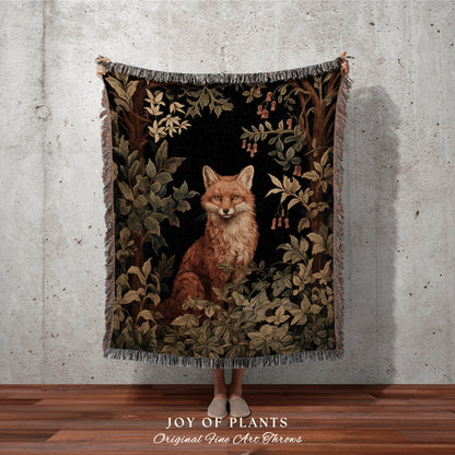 Fox Throw Blanket Woven Throw | Vintage William Morris inspired Nature Blanket Woodland Botanical Maximalist Decor Woven Blanket Fox Decor |