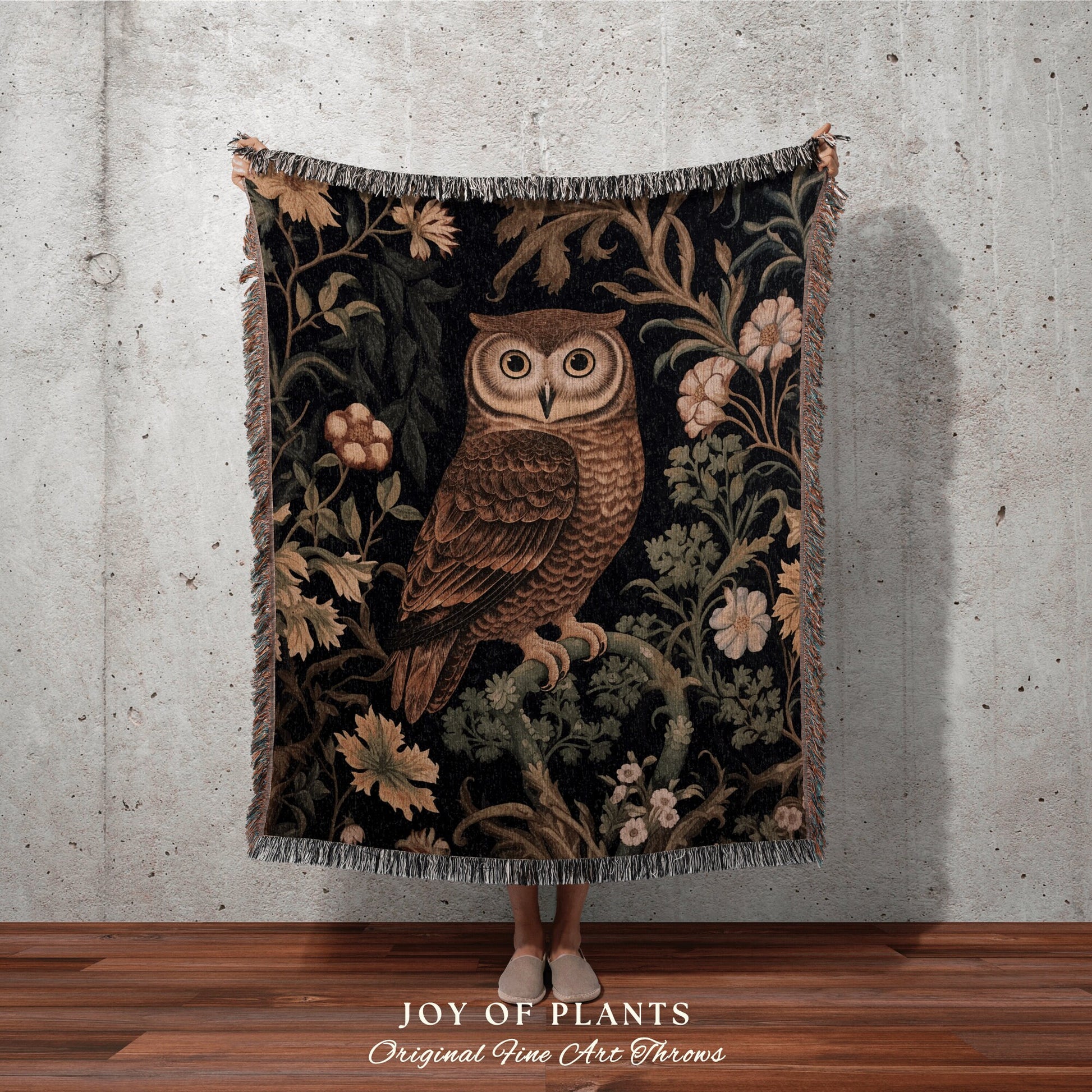 Woodland Owl Woven Blanket | Vintage William Morris inspired Nature Blanket Woodland Botanical Maximalist Decor Woven Blanket Owl Decor Gift