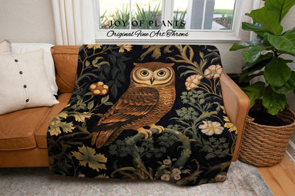 Woodland Owl Woven Blanket | Vintage William Morris inspired Nature Blanket Woodland Botanical Maximalist Decor Woven Blanket Owl Decor Gift