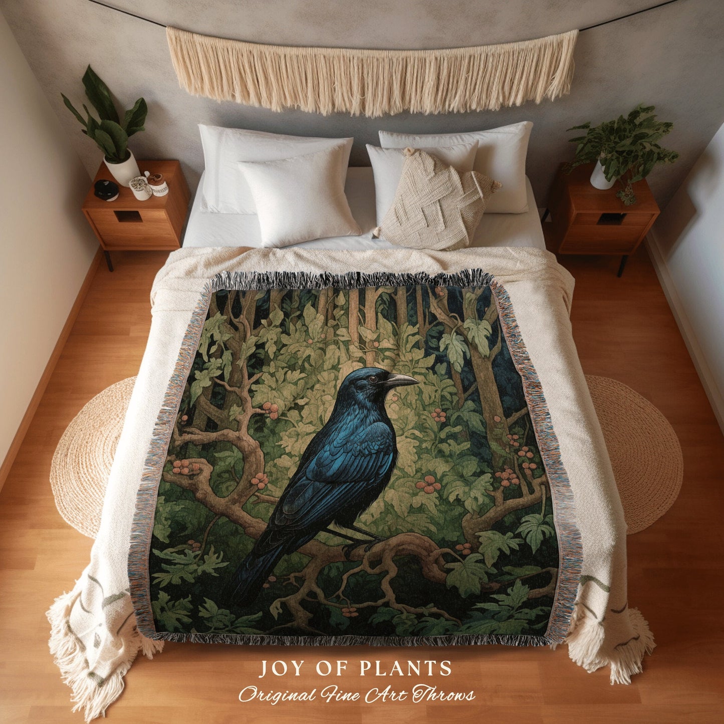 Cozy Crow Throw Blanket | Crowcore Decor William Morris Inspired Boho Bedroom Tapestry Woven Bed Topper Crushed Velvet Cottagecore Style |