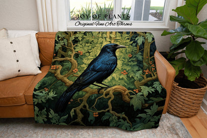 Cozy Crow Throw Blanket | Crowcore Decor William Morris Inspired Boho Bedroom Tapestry Woven Bed Topper Crushed Velvet Cottagecore Style |