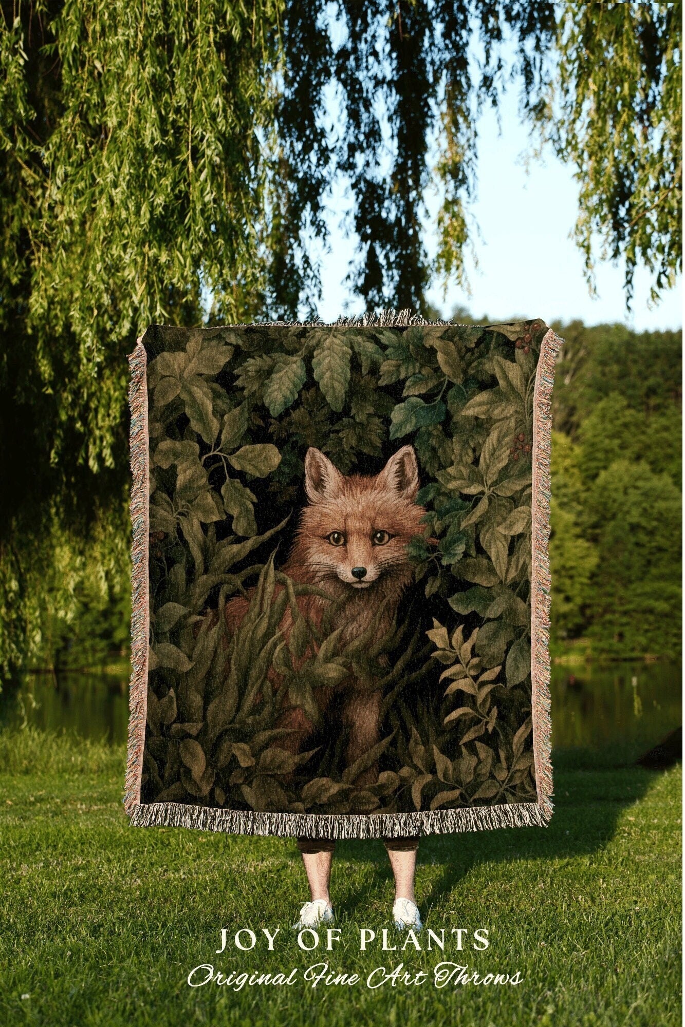 Dark Woodland Fox Throw Blanket Woven | Vintage William Morris inspired Nature Blanket Woodland Botanical Maximalist Decor Blanket Fox Decor