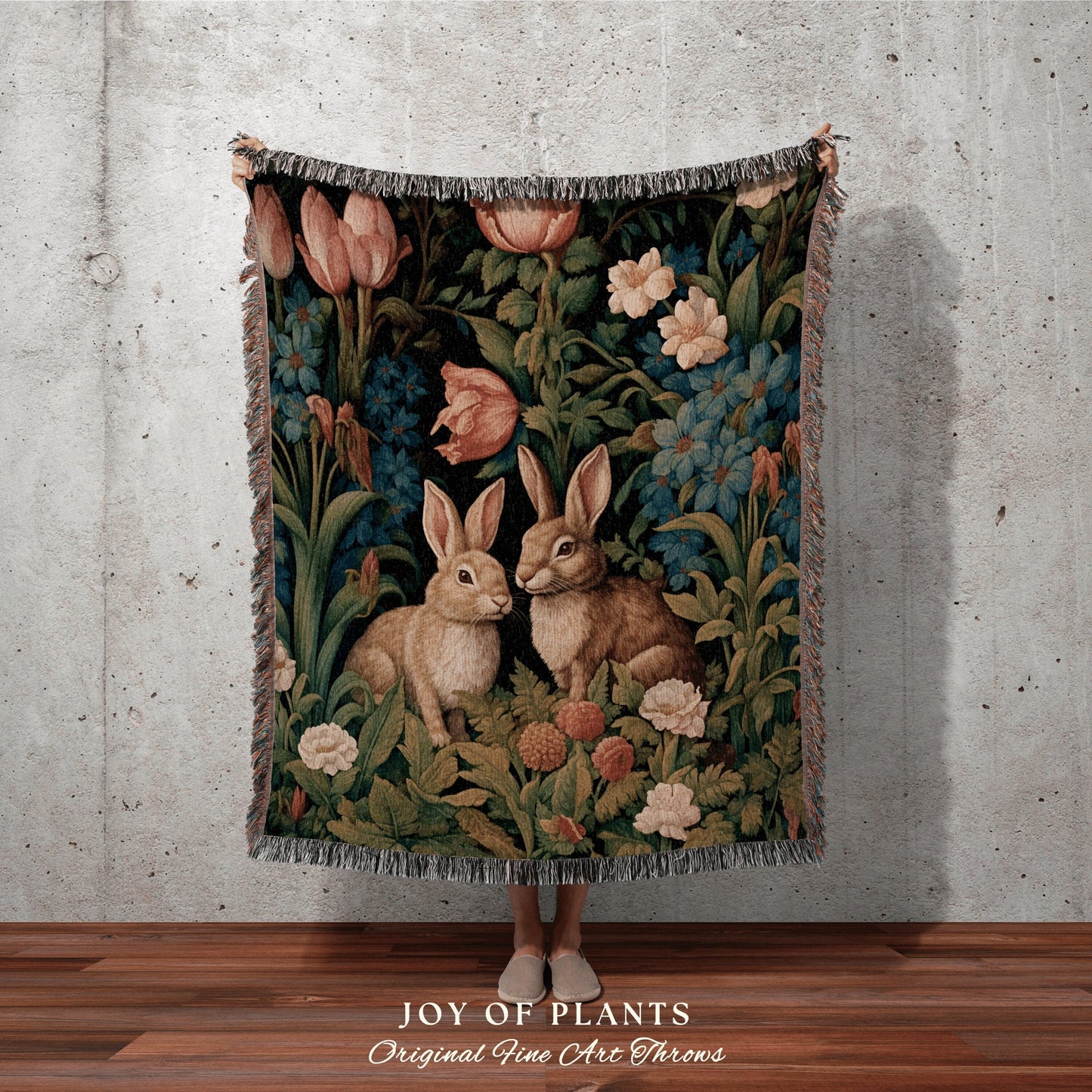 Wildflower Bunny Throw Woven | Dark Floral William Morris inspired Nature Blanket Dark Academia Botanical Maximalist Crowcore Rabbit Throw |