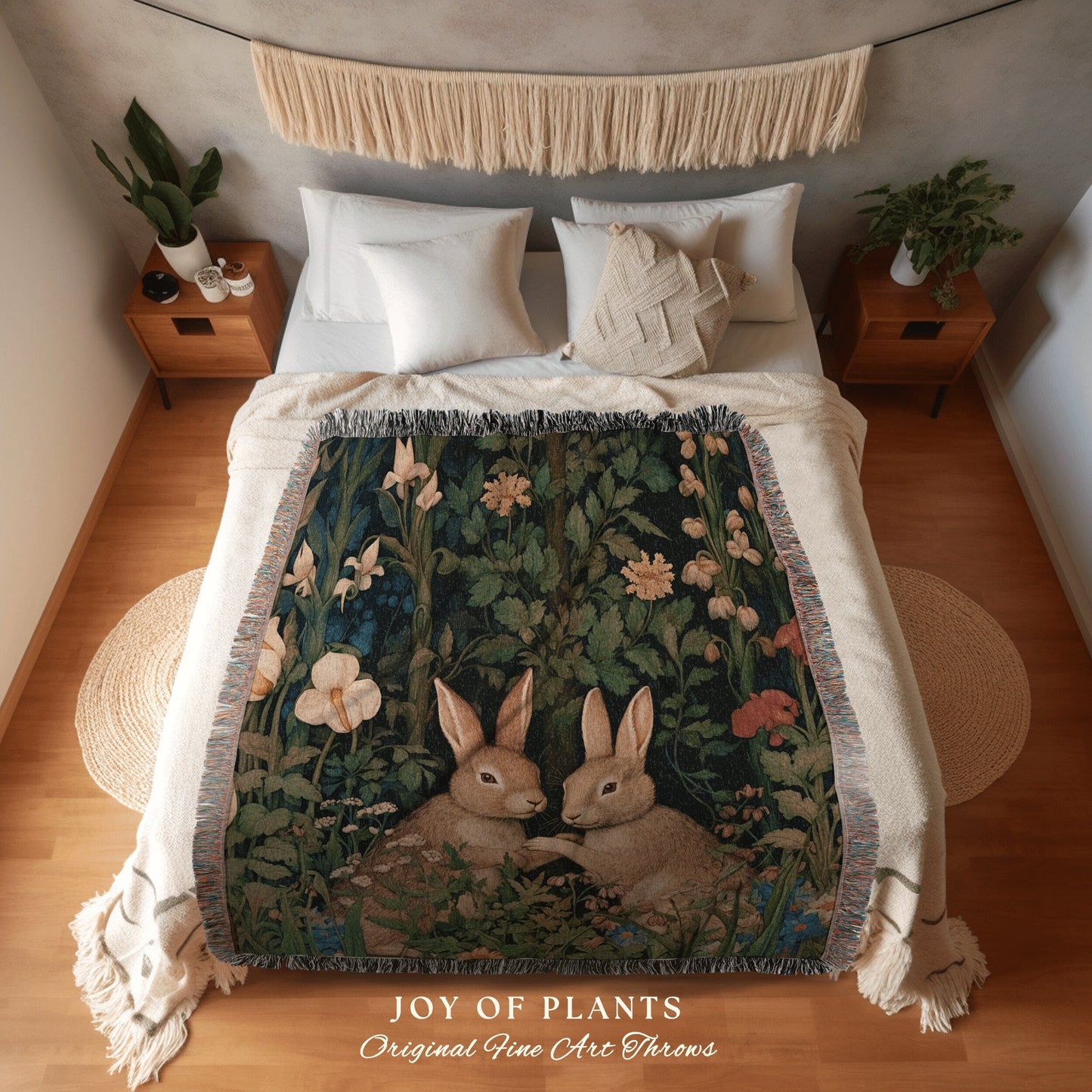 Bunny Blanket Woodland Decor | Dark Floral William Morris inspired Nature Blanket Dark Academia Botanical Maximalist Crowcore Bunny Throw |