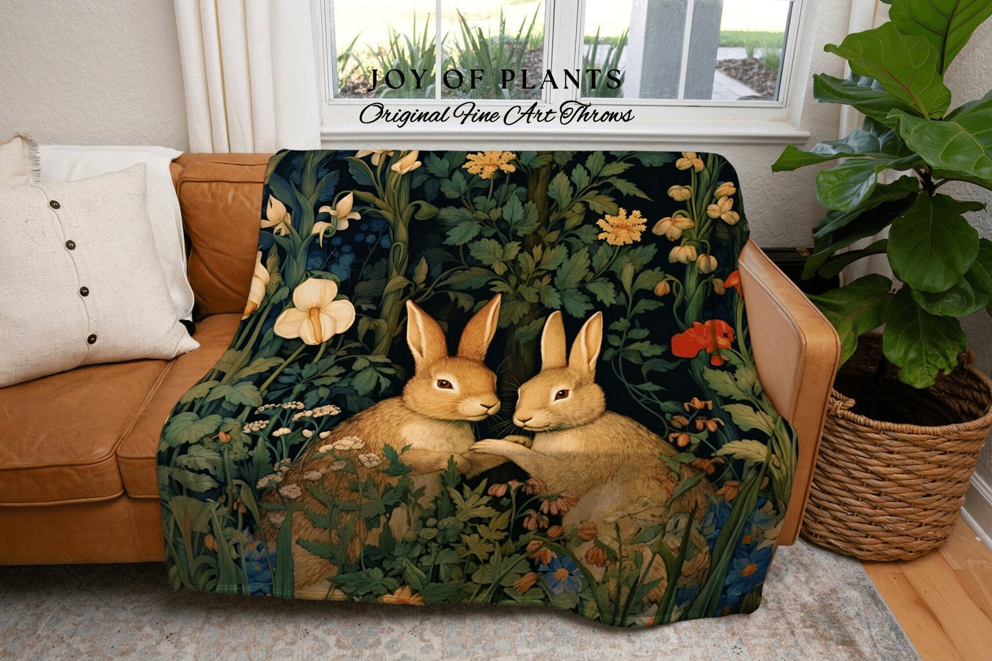 Bunny Blanket Woodland Decor | Dark Floral William Morris inspired Nature Blanket Dark Academia Botanical Maximalist Crowcore Bunny Throw |