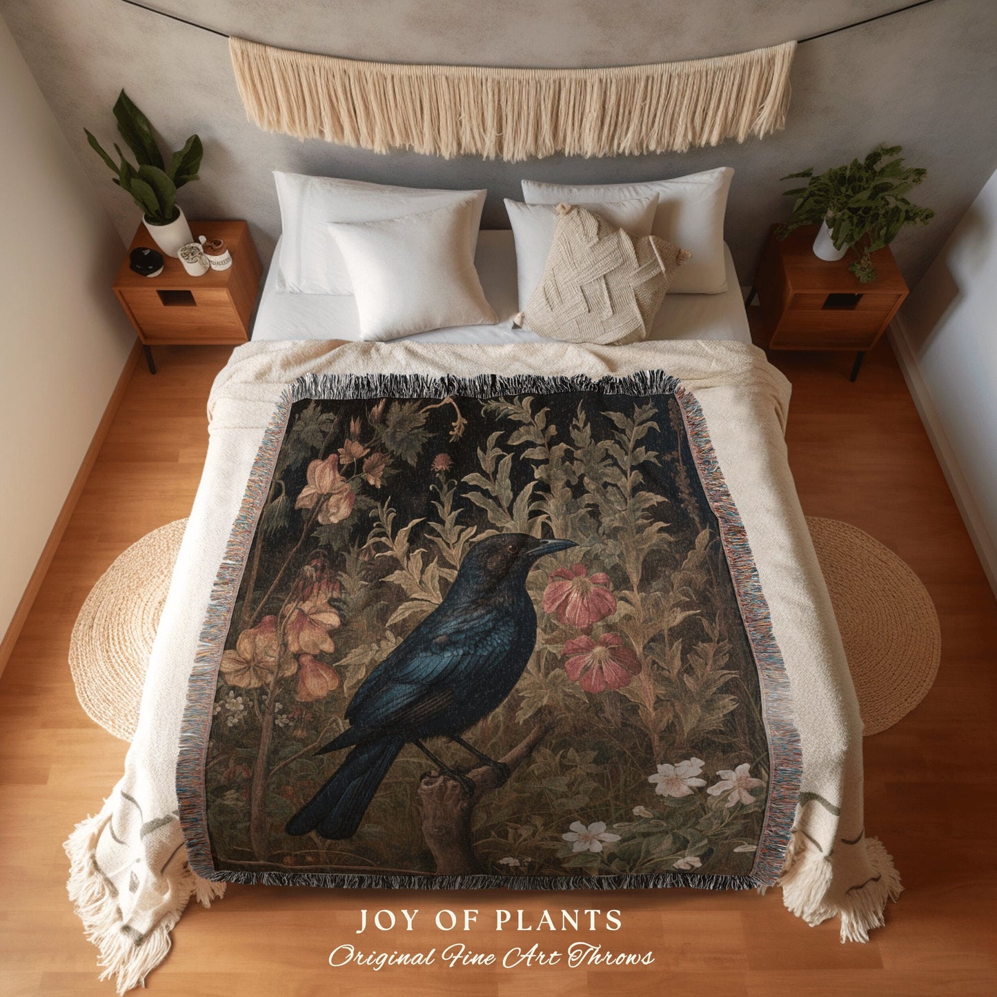 Crow Throw Blanket Whimsigoth | Dark Botanical William Morris inspired Nature Blanket Dark Academia Botanical Maximalist Crowcore Crow Throw