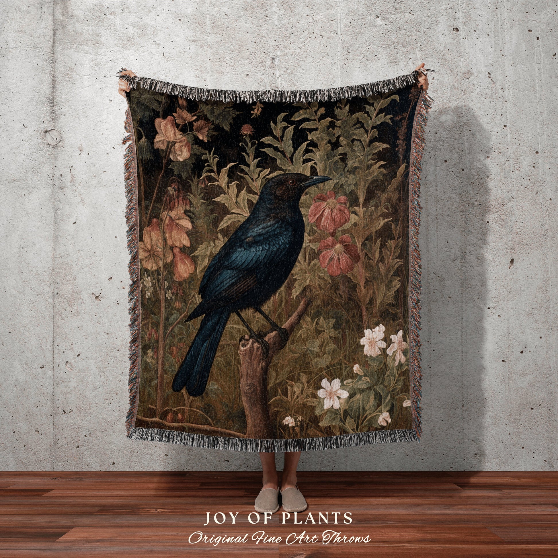 Crow Throw Blanket Whimsigoth | Dark Botanical William Morris inspired Nature Blanket Dark Academia Botanical Maximalist Crowcore Crow Throw