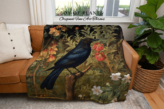 Crow Throw Blanket Whimsigoth | Dark Botanical William Morris inspired Nature Blanket Dark Academia Botanical Maximalist Crowcore Crow Throw