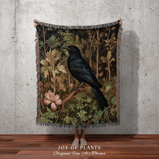 Gothic Blanket Crowcore Throw | Dark Botanical William Morris inspired Nature Blanket Dark Academia Botanical Maximalist Crowcore Crow Throw