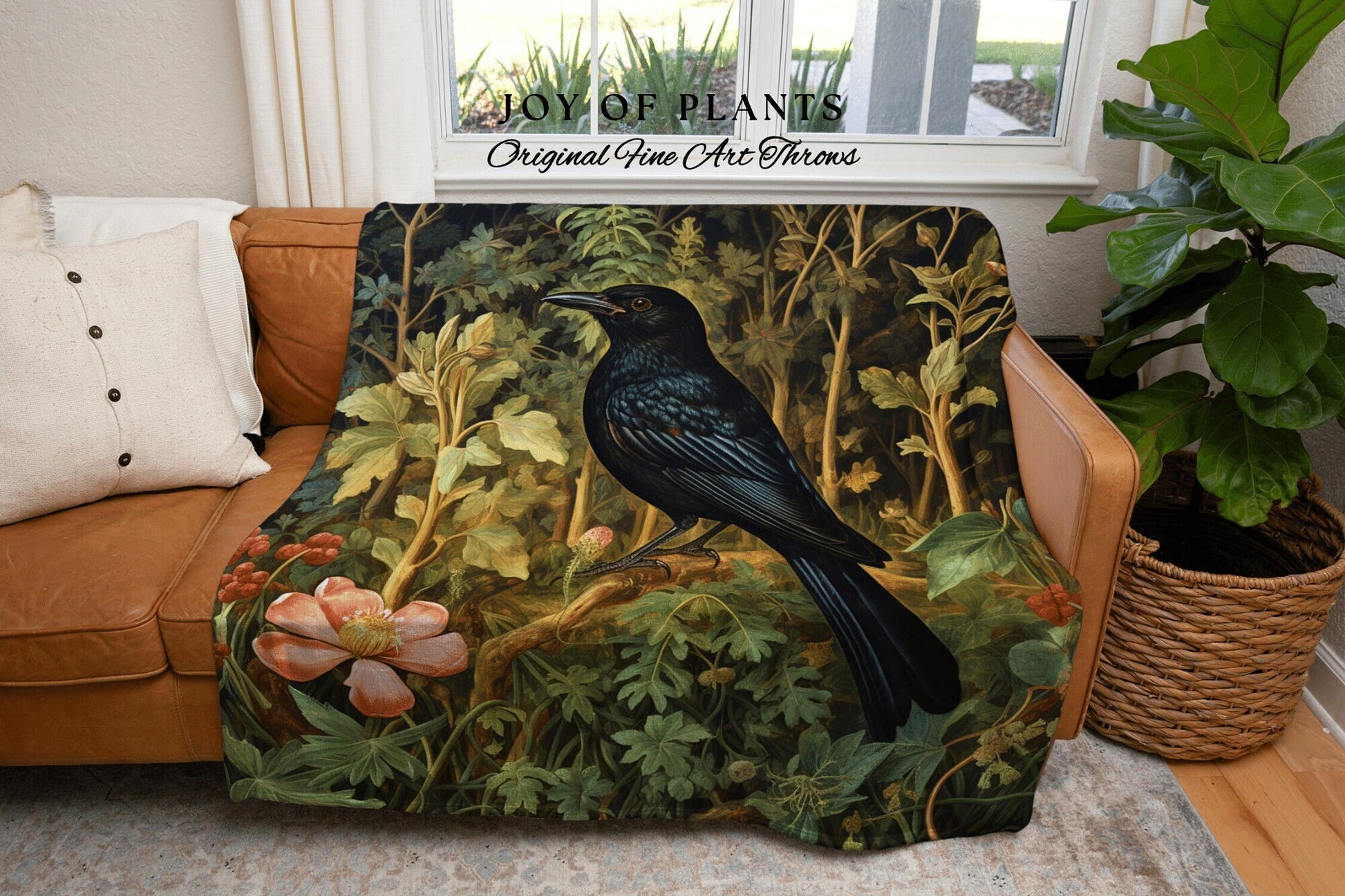 Gothic Blanket Crowcore Throw | Dark Botanical William Morris inspired Nature Blanket Dark Academia Botanical Maximalist Crowcore Crow Throw