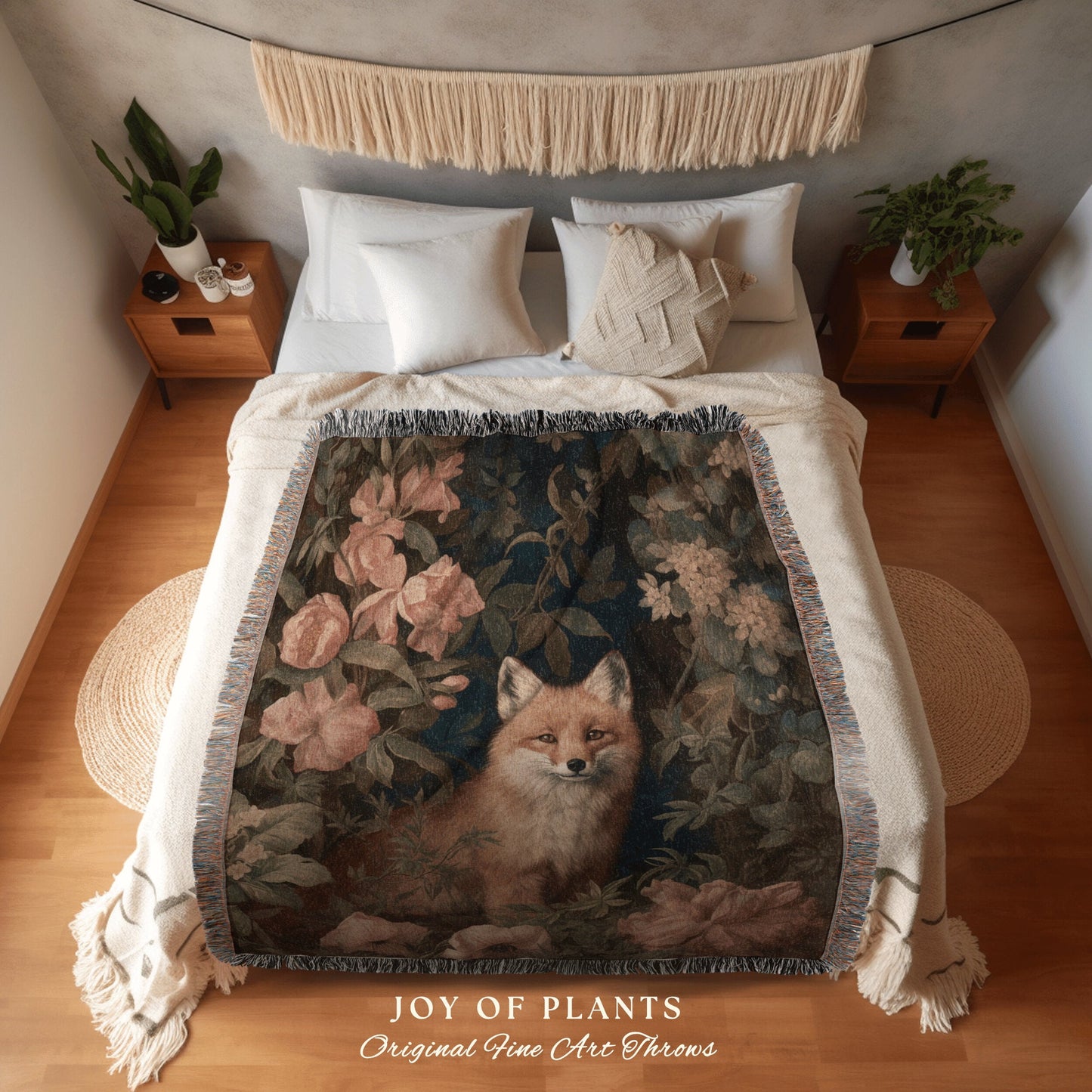 Pastel Floral Fox Blanket Woven | Vintage William Morris inspired Nature Blanket Woodland Botanical Maximalist Decor Blanket Fox Tapestry |