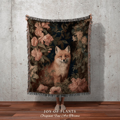 Pastel Floral Fox Blanket Woven | Vintage William Morris inspired Nature Blanket Woodland Botanical Maximalist Decor Blanket Fox Tapestry |