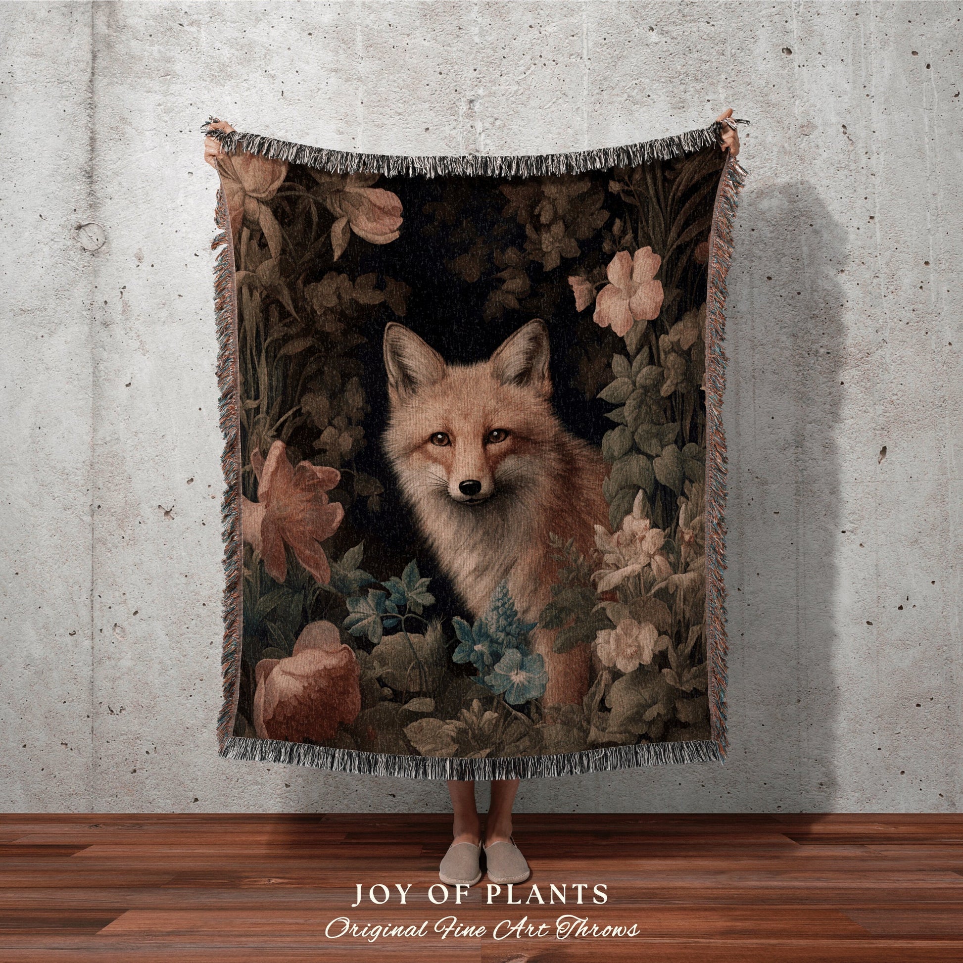 Woodland Gothic Fox Blanket | Vintage William Morris inspired Nature Blanket Woodland Botanical Maximalist Decor Blanket Fox Tapestry Woven