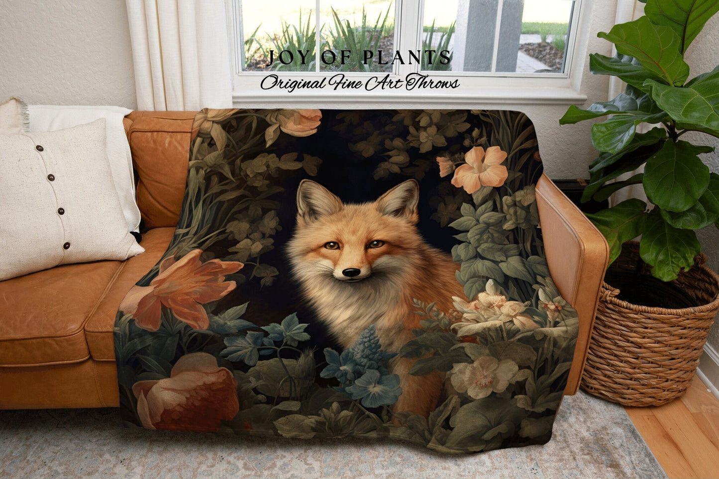 Woodland Gothic Fox Blanket | Vintage William Morris inspired Nature Blanket Woodland Botanical Maximalist Decor Blanket Fox Tapestry Woven