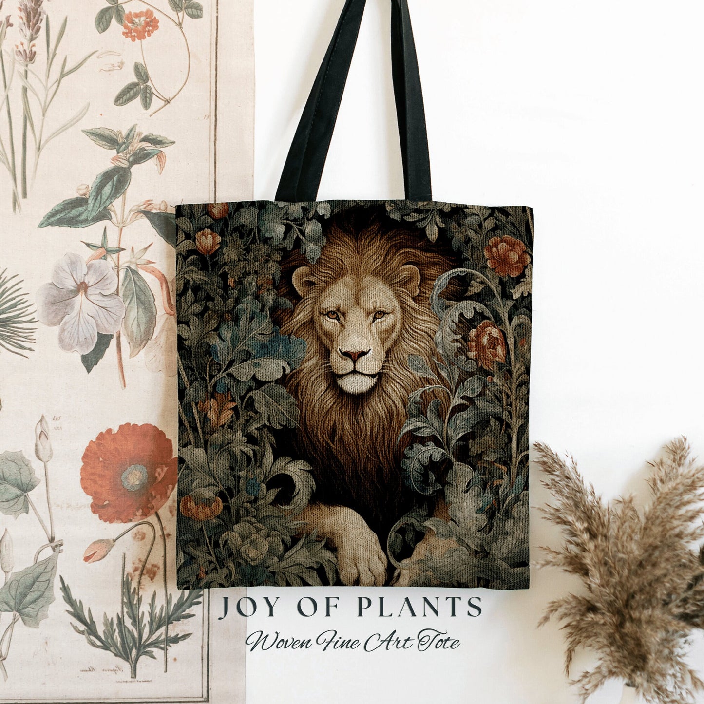 Lion Tote Bag Dark Botanical | William Morris Inspired Tote Bag Cottagecore Satchel Maximalist Woven Tapestry Tote Jungle Aesthetic Lion Bag