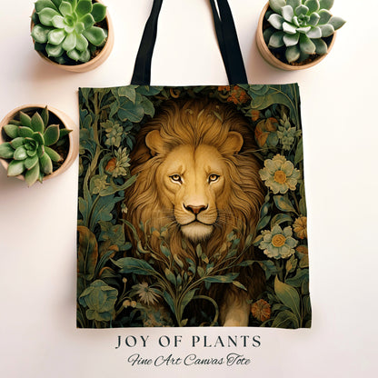 Witchy Lion Tote Bag | William Morris Inspired Tote Bag Cottagecore Satchel Maximalist Woven Tapestry Tote Botanical Fairy Grunge Bag Lion |