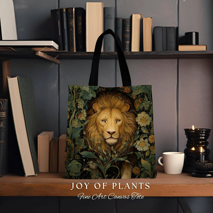 Witchy Lion Tote Bag | William Morris Inspired Tote Bag Cottagecore Satchel Maximalist Woven Tapestry Tote Botanical Fairy Grunge Bag Lion |