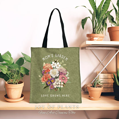 Sage Green Birth Month Flower Tote | Personalized Birth Month Flower Bouquet for Family Garden Custom Birthflower Tote Personalized Bouquet