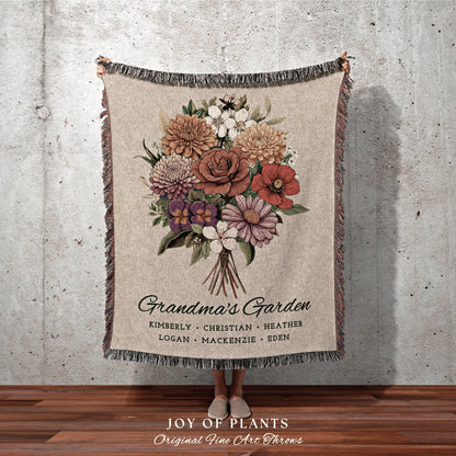 Personalized Birth Flower Blanket | Custom Family Birth Month Flower Bouquet Woven Throw Blanket | Birth Month Flower Custom Woven Blanket