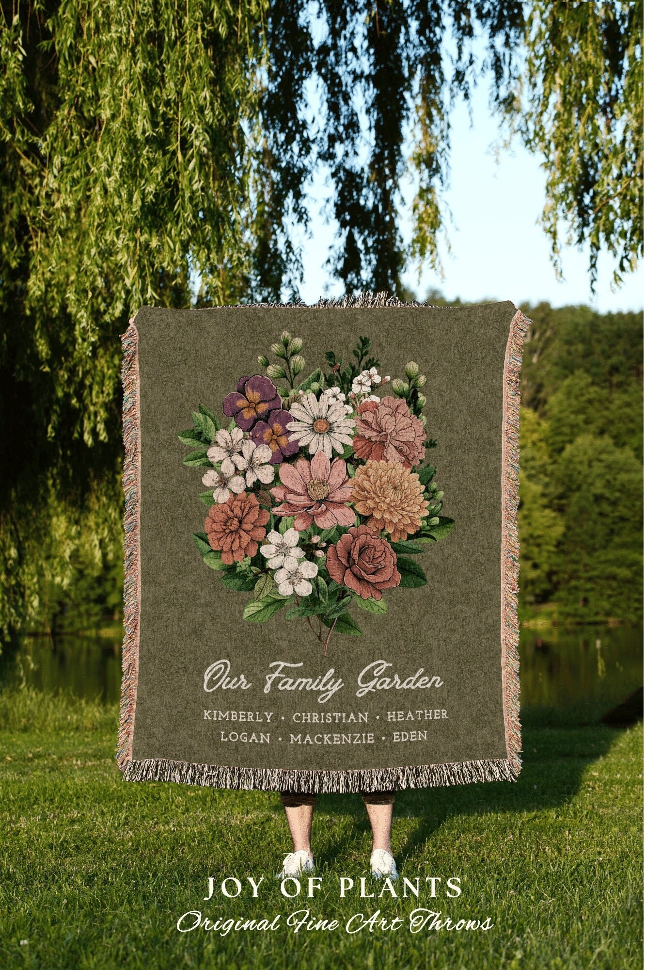 Grandmas Garden Custom Birth Flower Blanket Personalized Family Names Gift Mimi's Garden Birth Month Flower Custom Bouquet Blanket Woven