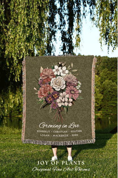 Bouquet Custom Family Flower Blanket | Family Names Gift Mimi's Garden Birth Month Flower Custom Bouquet Custom Blanket Woven Birth Flower |