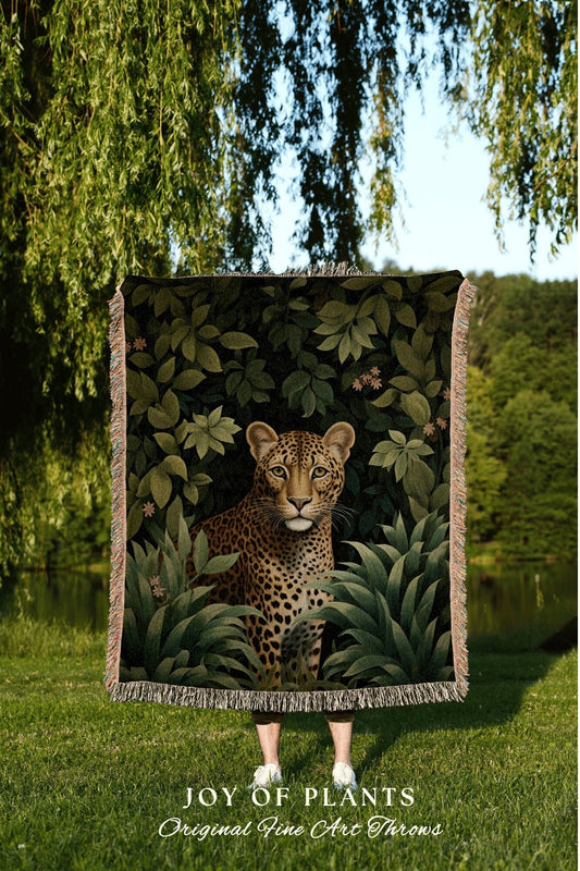 Botanical Leopard Blanket Woven | William Morris inspired Nature Blanket Vintage Woodland Aesthetic Decor Woven Throw Blanket Leopard Decor