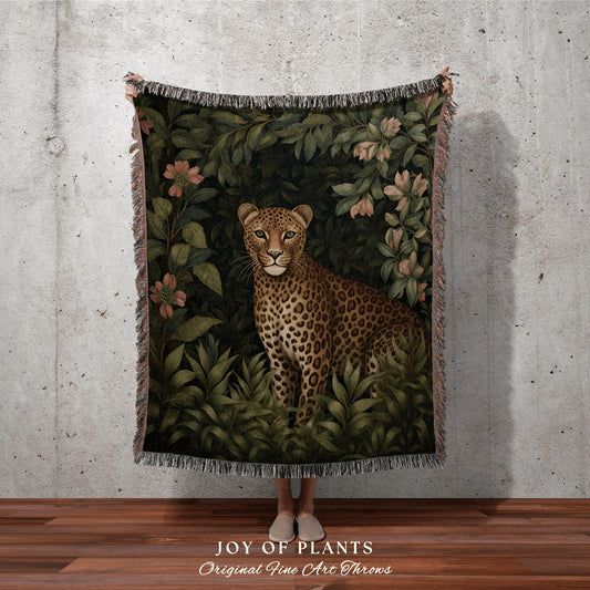 Dark Academia Leopard Blanket | William Morris inspired Nature Blanket Vintage Woodland Aesthetic Decor Woven Blanket Leopard Decor Vintage