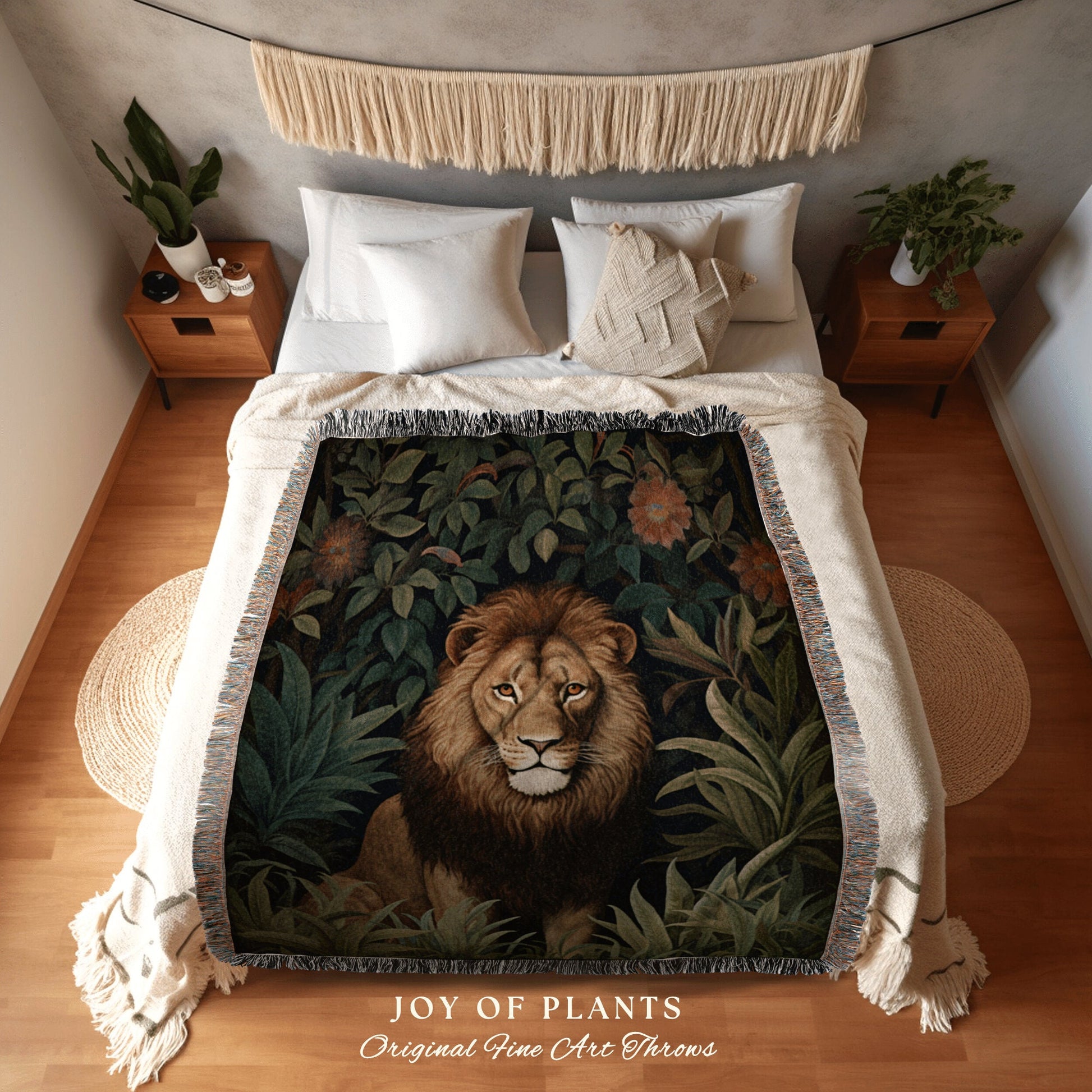 Woven Throw Blanket Botanical Lion | William Morris inspired Nature Blanket Vintage Woodland Cottagecore Decor Woven Blanket Lion Decor Gift