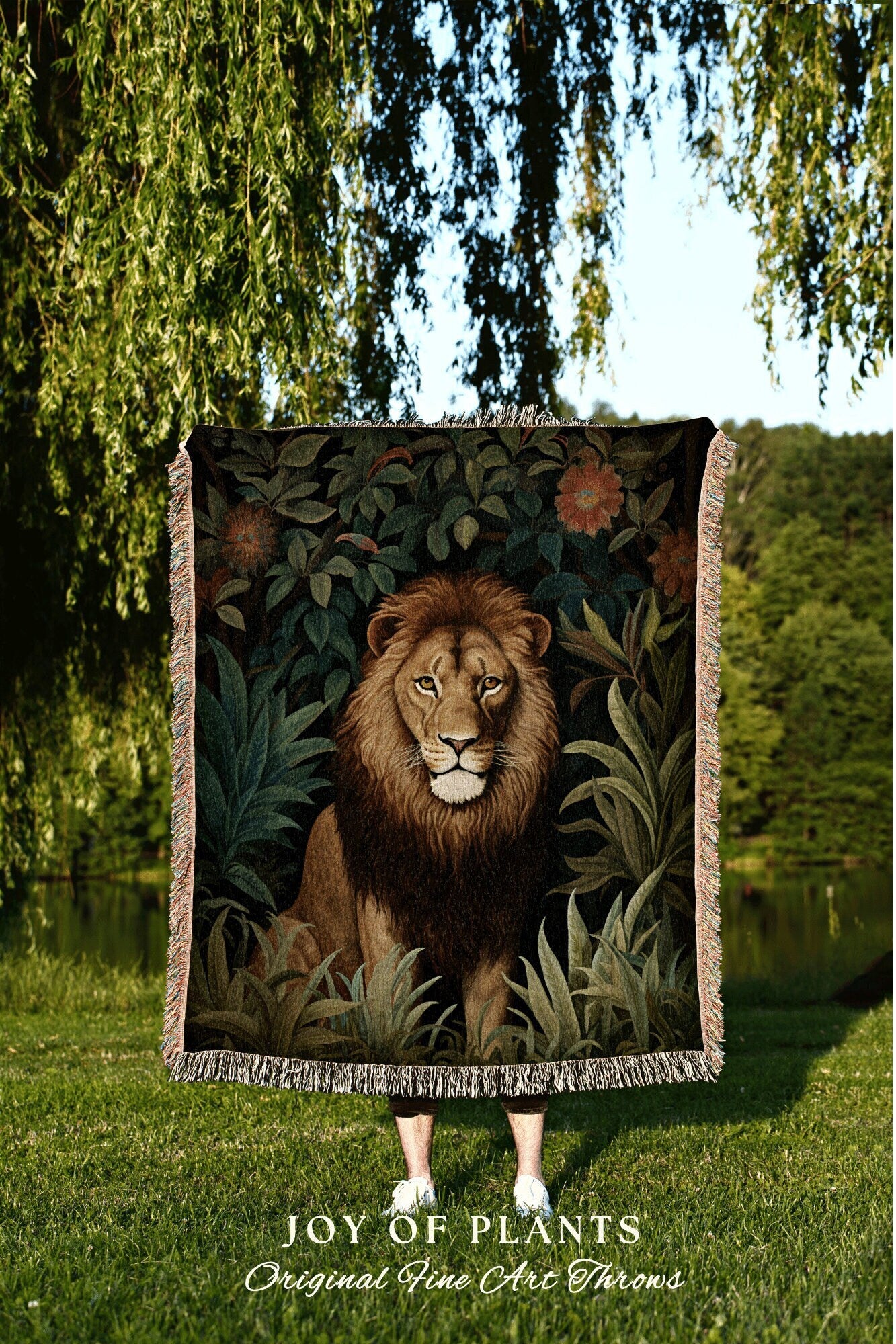 Woven Throw Blanket Botanical Lion | William Morris inspired Nature Blanket Vintage Woodland Cottagecore Decor Woven Blanket Lion Decor Gift