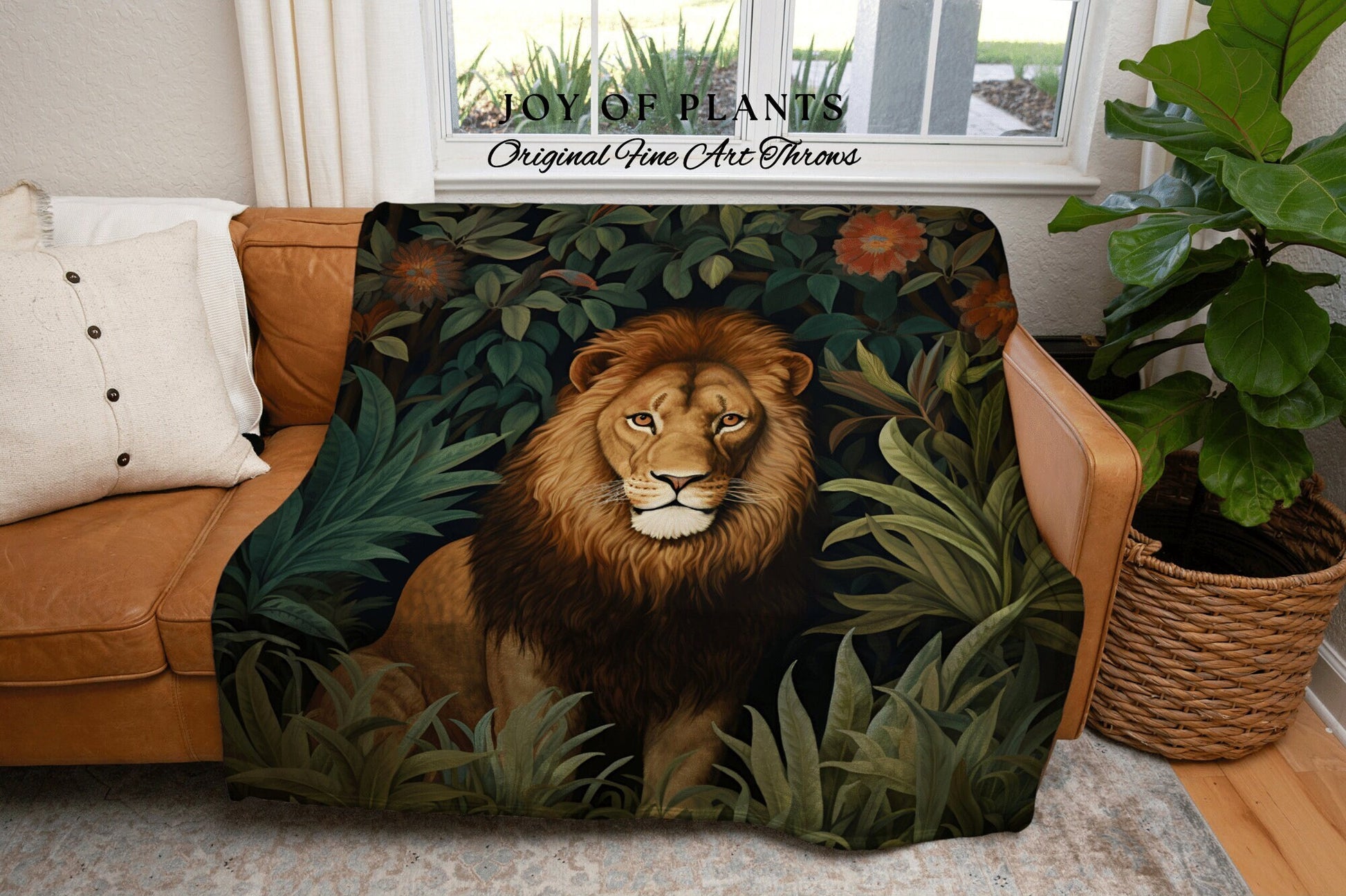 Woven Throw Blanket Botanical Lion | William Morris inspired Nature Blanket Vintage Woodland Cottagecore Decor Woven Blanket Lion Decor Gift