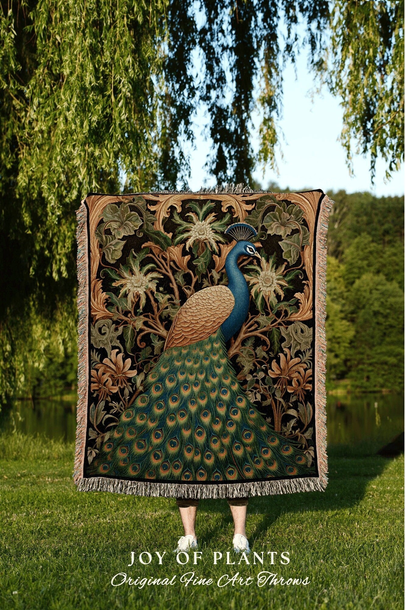 Peacock Throw Blanket Vintage | William Morris inspired Nature Blanket Vintage Woodland Cottagecore Decor Woven Blanket Peacock Decor Gifts