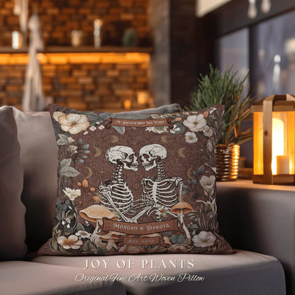 Personalized Skeleton Couple Pillow | Dark Academia Decor Custom Skeleton Couple Gift Meaningful Mr & Mrs Gift for Goths Unique Couples Gift