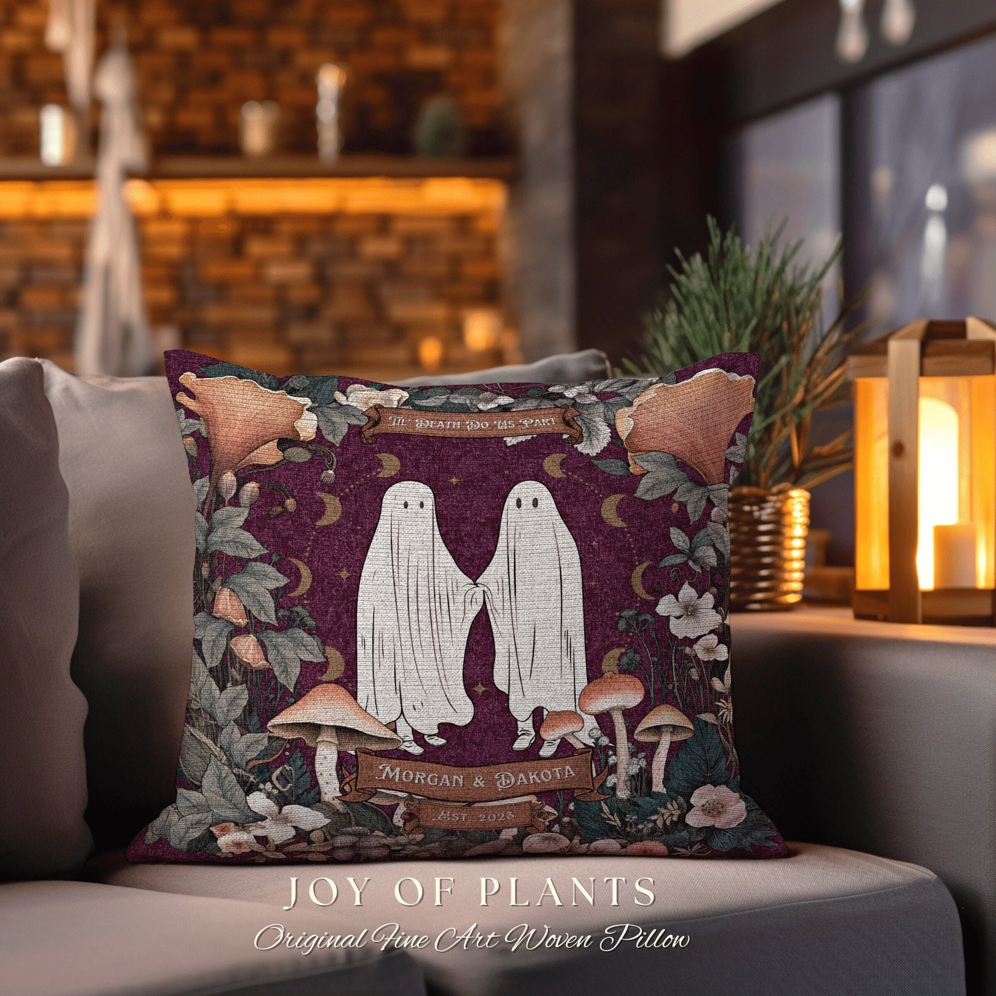 Ghost Couple Custom Woven Pillow | Woodland Gothic Decor Custom Ghost Couple Gift Meaningful Mr & Mrs Gift for Goths Unique Couples Gift |