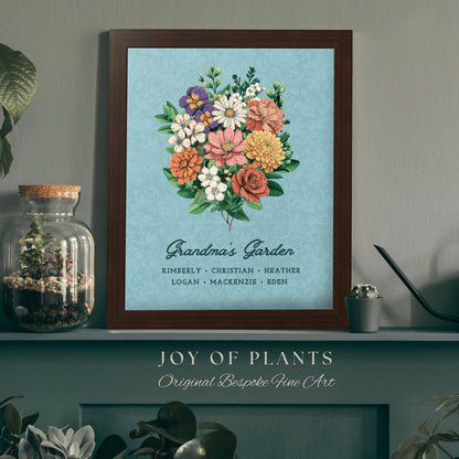 Woven Tapestry Birth Flower Bouquet | Birthflower Custom Floral Print for Grandma Garden Wall Art Personalized Mimi's Grandchildren Gift |